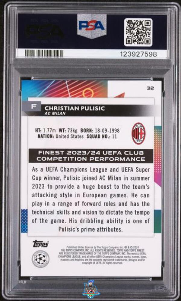 Back of 2023 Topps Finest UEFA Club Competitions Superfractor 1/1 Christian Pulisic #32
