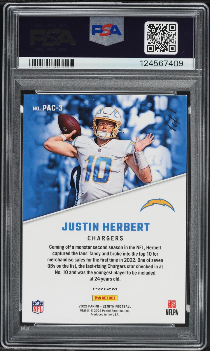Back of 2022 Panini Zenith 1992 Pacific Touchdown 1/1 Justin Herbert #PAC3