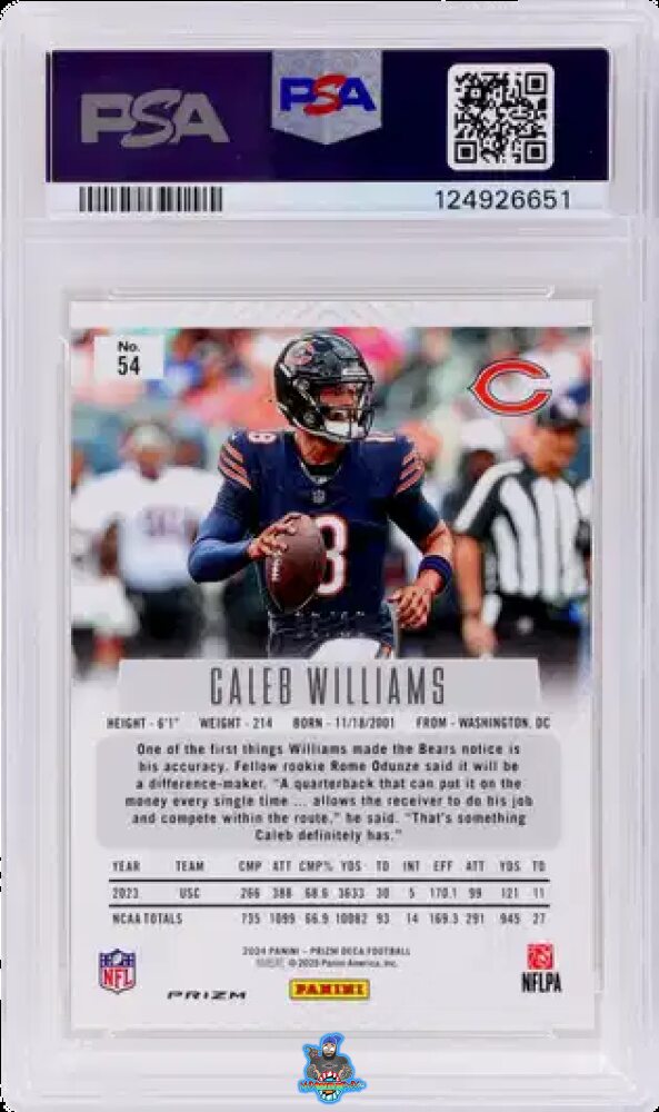 Back of 2024 Panini Prizm Deca Gold Prizm Caleb Williams #54 /10