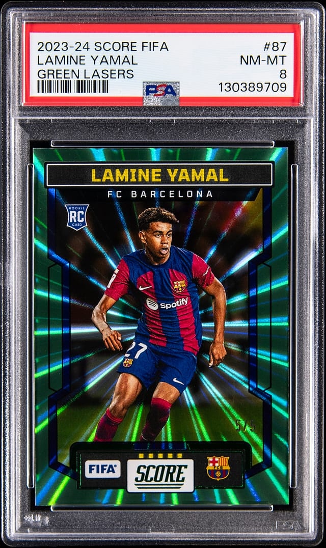 2023-24 Panini Score FIFA Green Lasers #87 Lamine Yamal Rookie Card (#5/5) - PSA NM-MT 8