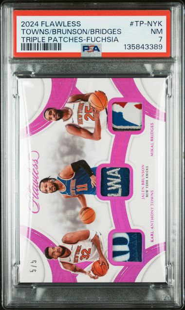 2024 Panini Flawless Triple Patches Fuchsia Jalen Brunson/Karl-Anthony Towns/Mikal Bridges #TP-NYK