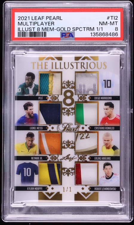 2021 Leaf Pearl the Illustrious 8 Memorabilia Gold Spectrum 1/1 Cristiano Ronaldo/Diego Maradona/Erling Haaland/Kylian Mbappe/Lionel Messi/Neymar Jr./Pele/Robert Lewandowski #TI2