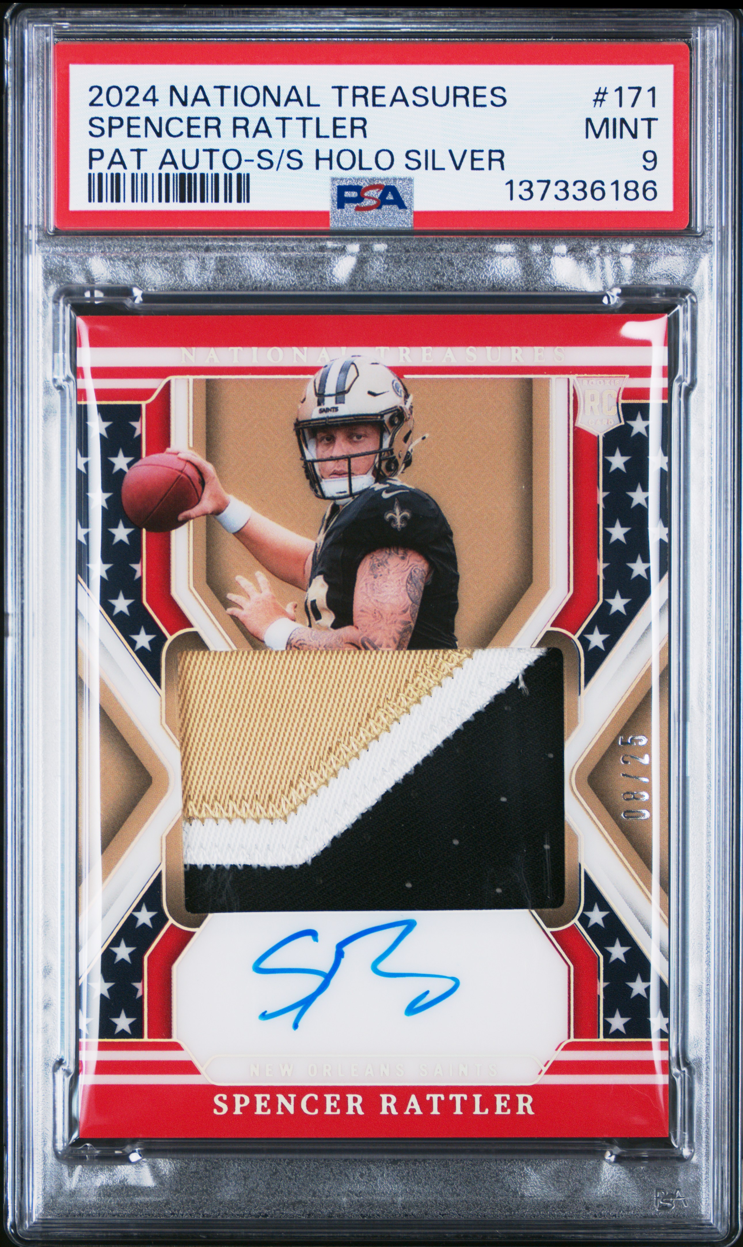 2024 National Treasures Patch Autograph Stars and Stripes Holo Silver Spencer Rattler #171 /25