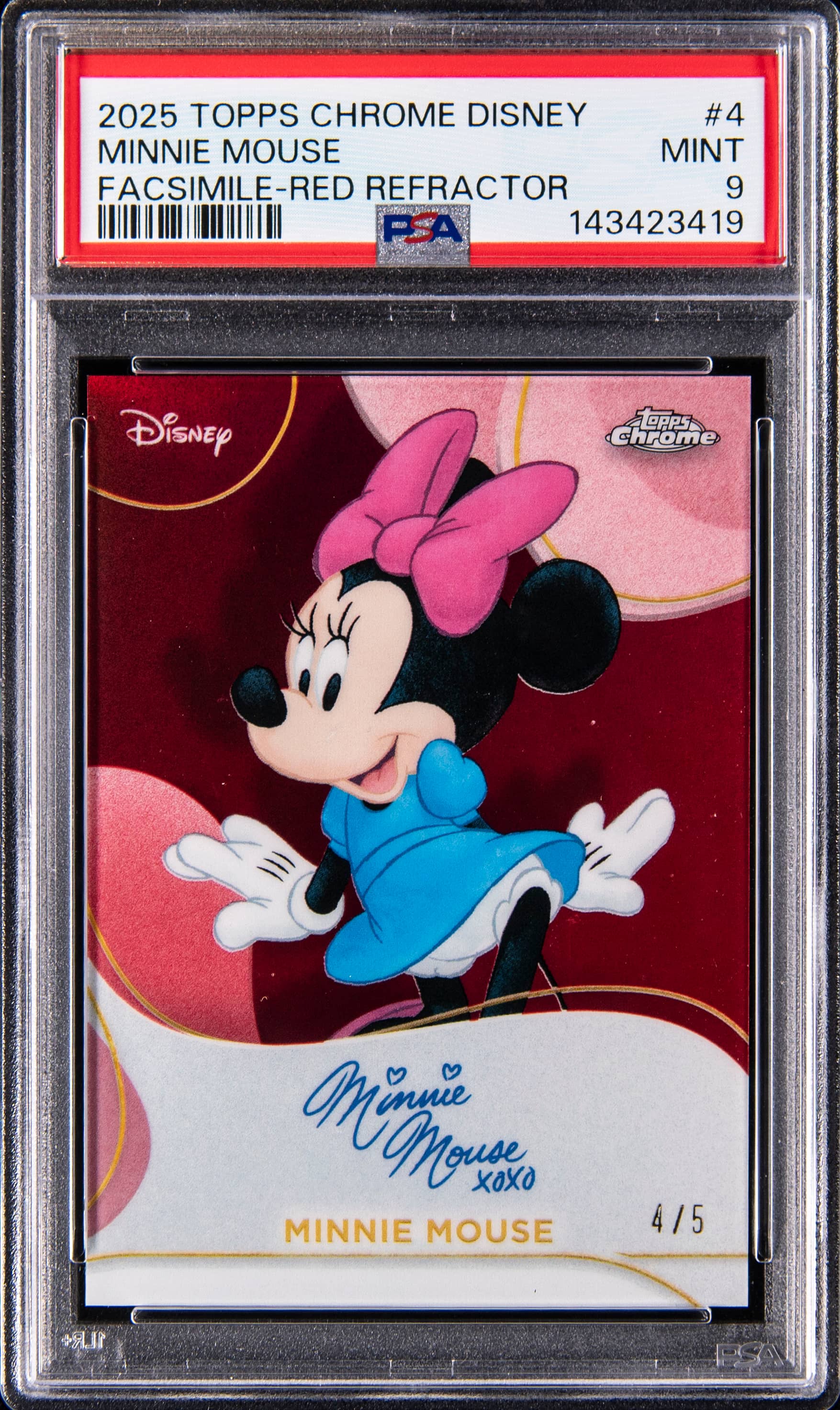 2025 Topps Chrome Disney Disney Chrome 2025 Facsimile Autographs Red Refractor Minnie Mouse #4