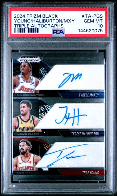 2024 Panini Prizm Black Triple Autographs Trae Young/Tyrese Haliburton/Tyrese Maxey #TA-PGS