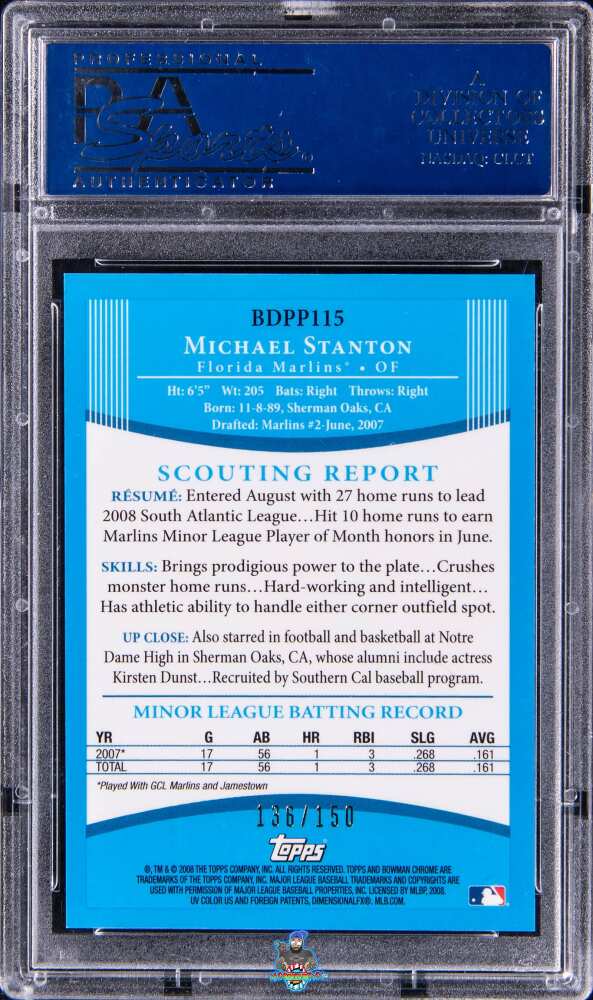 Back of 2008 Bowman Chrome Draft Prospects Blue Refractor Giancarlo Stanton #BDPP115 /150