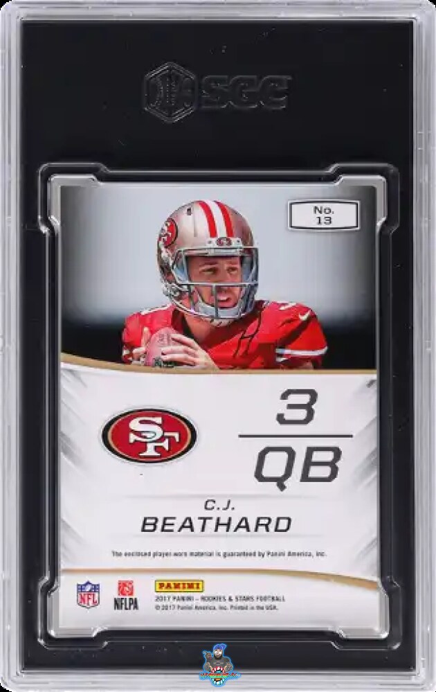 Back of 2017 Panini Rookies & Stars Cross Training Mat. Premium 1/1 CJ Beathard #13