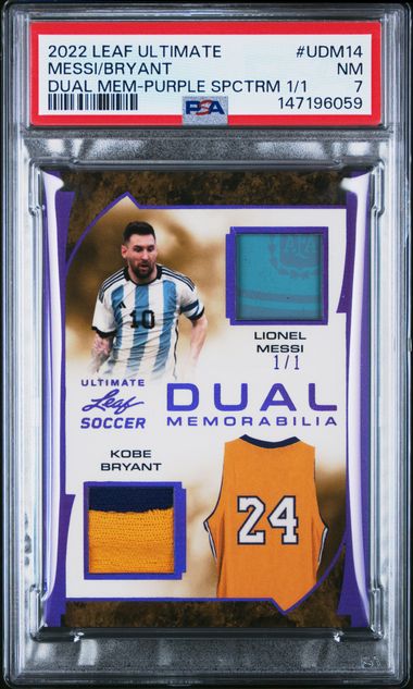 2022 Leaf Ultimate Ultimate Dual Memorabilia Purple Spectrum 1/1 Kobe Bryant/Lionel Messi #UDM14