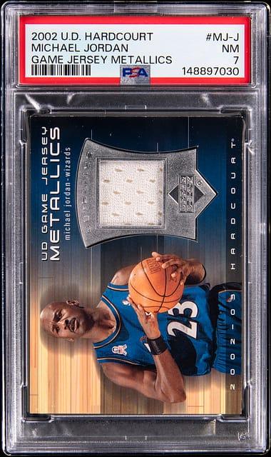 2002-03 Upper Deck Hardcourt Game Jersey Metallics #MJ-J Michael Jordan Relic Card - PSA NM 7
