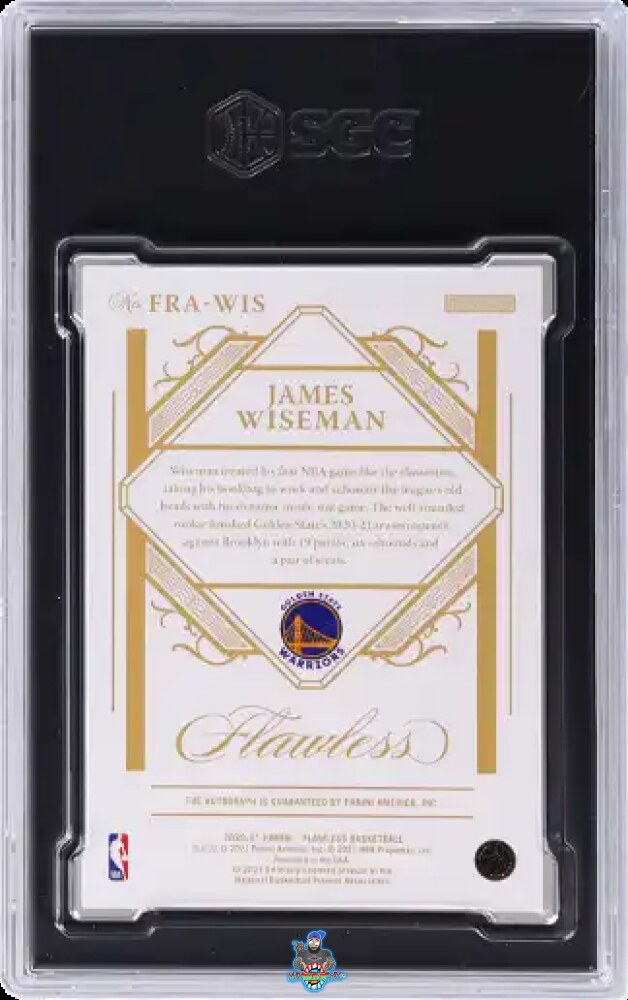 Back of 2020 Panini Flawless Rookie Autos. Gold James Wiseman #FRA-WIS