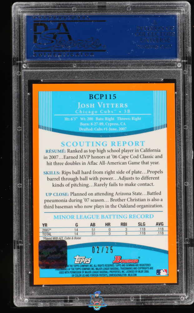 Back of 2008 Bowman Chrome Prospect Orange Refractor Josh Vitters #BCP115 /25