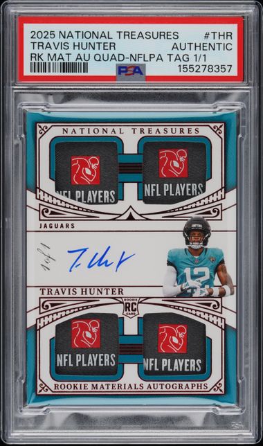 2025 National Treasures Rookie Materials Autographs Quad Laundry Tag NFL Player Travis Hunter #RMAQ-THR /1