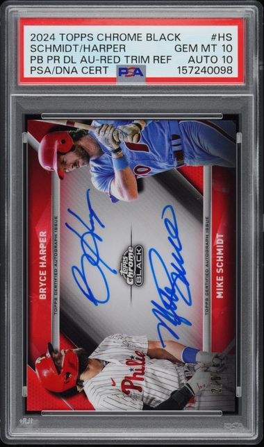 2024 Topps Chrome Black Pitch Black Pairings Dual Autographs Red Trim Refractor Bryce Harper/Mike Schmidt #HS
