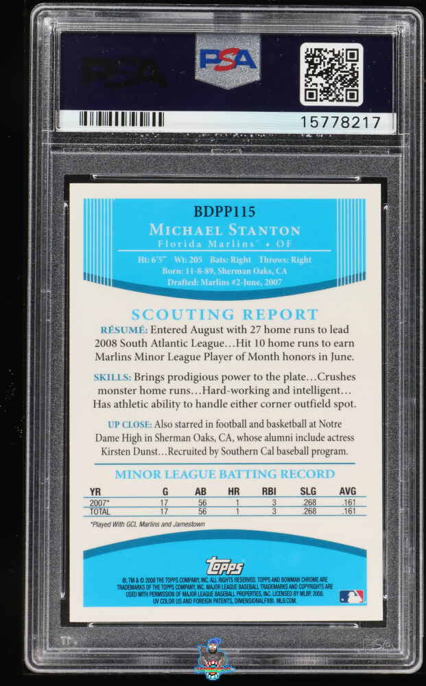 Back of 2008 Bowman Draft Picks and Prospects Chrome Autograph Michael Stanton #BDPP115