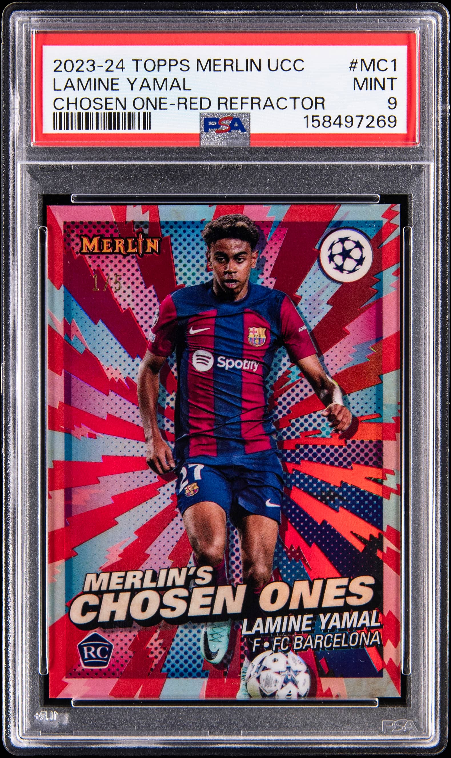 2023 Topps Merlin UEFA Club Competitions Merlin's Chosen Ones Red Refractor Lamine Yamal #MC1
