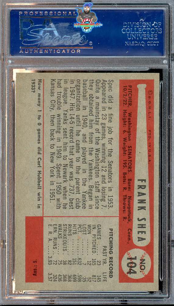 Back of 1954 Bowman Frank Shea #104