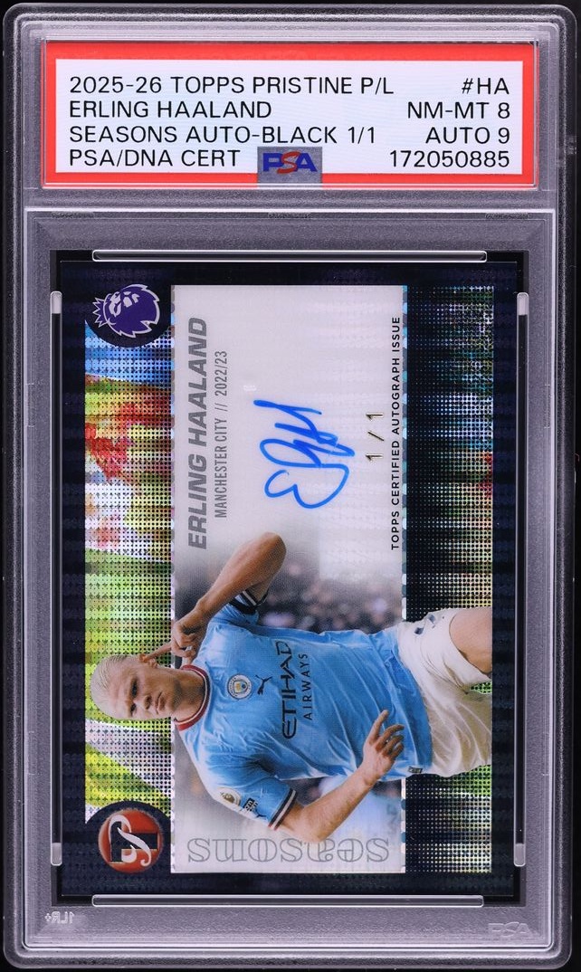 2025 Topps Pristine Premier League Seasons Black Erling Haaland AUTO DNA 9 1/1 #HA PSA 8 NM-MT