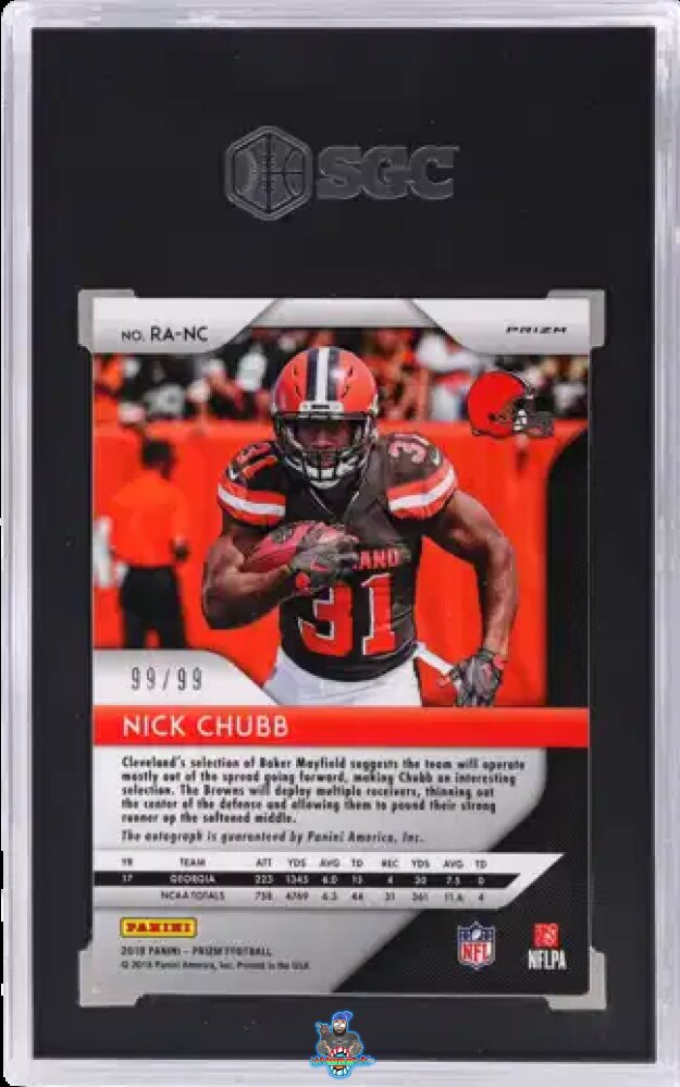 Back of 2018 Panini Prizm Rookie Auto. Blue Scope Prizm Nick Chubb #RA-NC