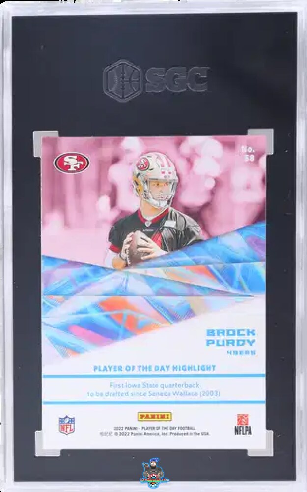Back of 2022 Panini Player of the Day No Name Brock Purdy #58