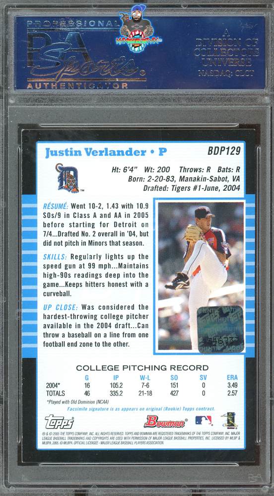 Back of 2006 Bowman Originals Buyback '05 Bowman Draft Picks Autograph Justin Verlander #129 /233
