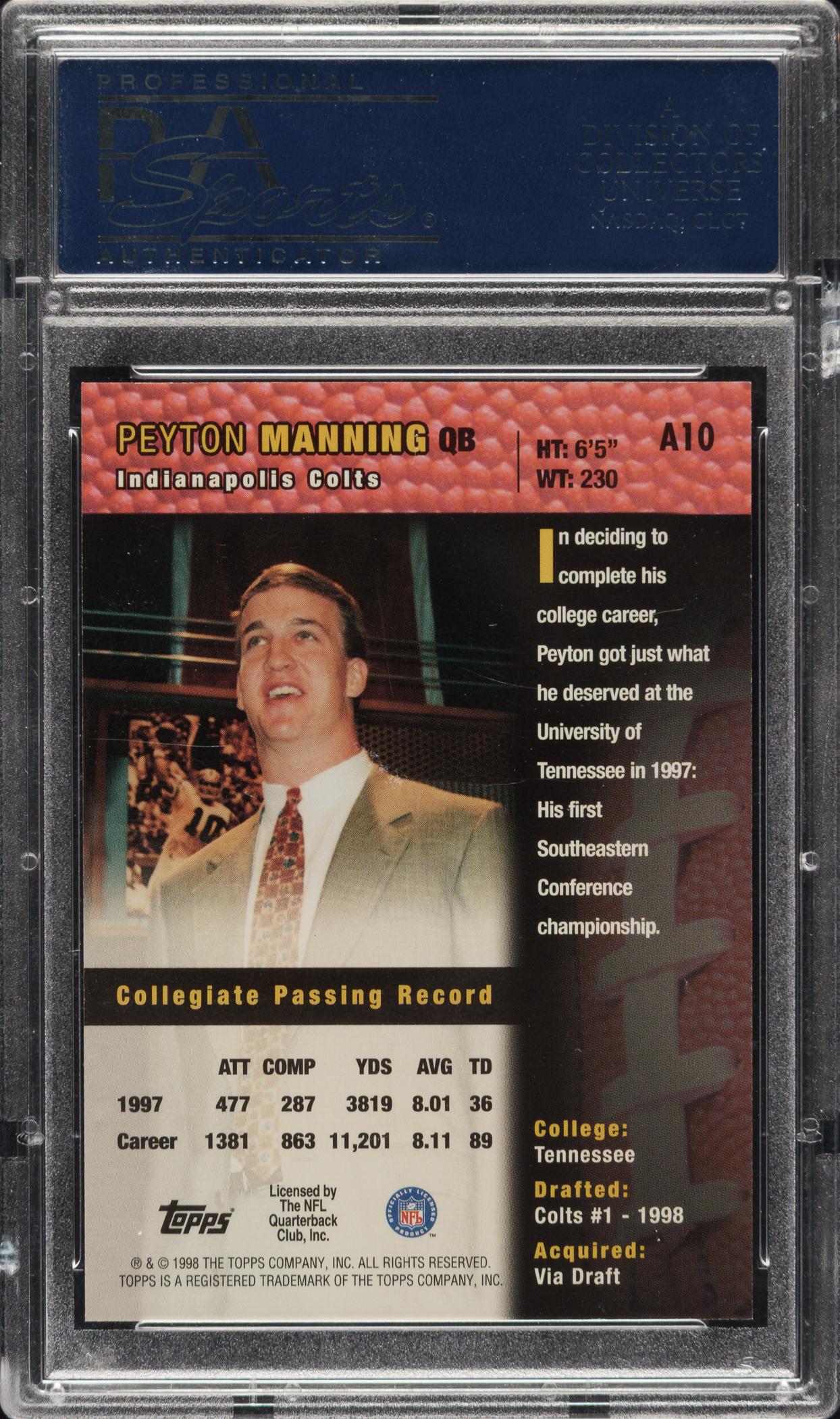 Back of 1998 Topps Peyton Manning Autograph Bronze