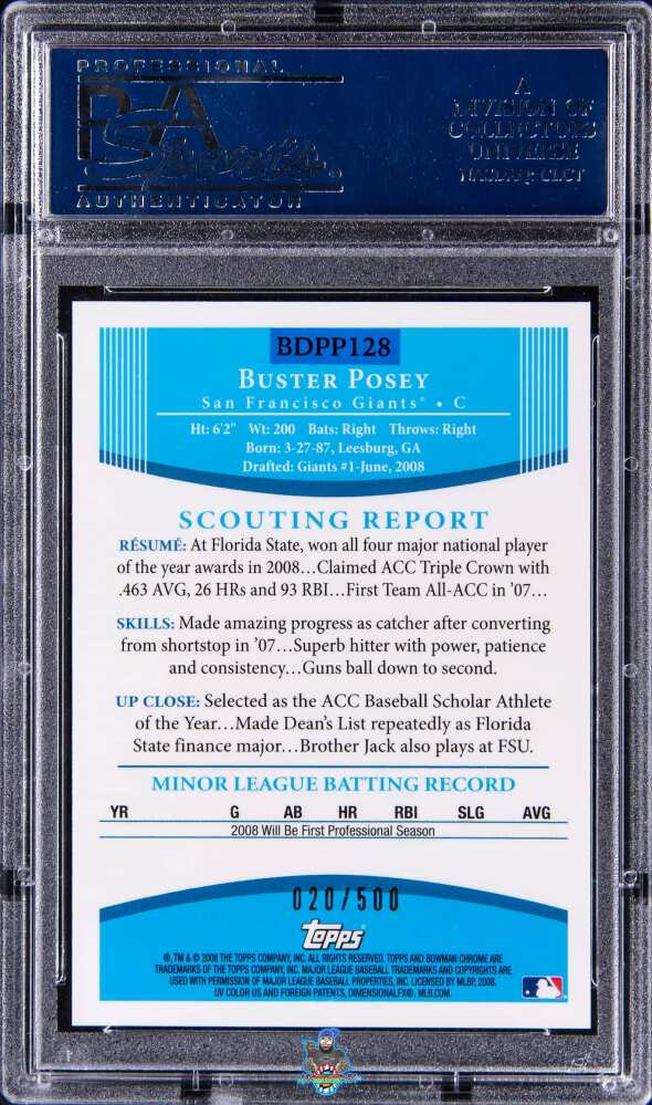 Back of 2008 Bowman Draft Picks and Prospects Chrome Autograph Refractor Buster Posey #BDPP128 /500