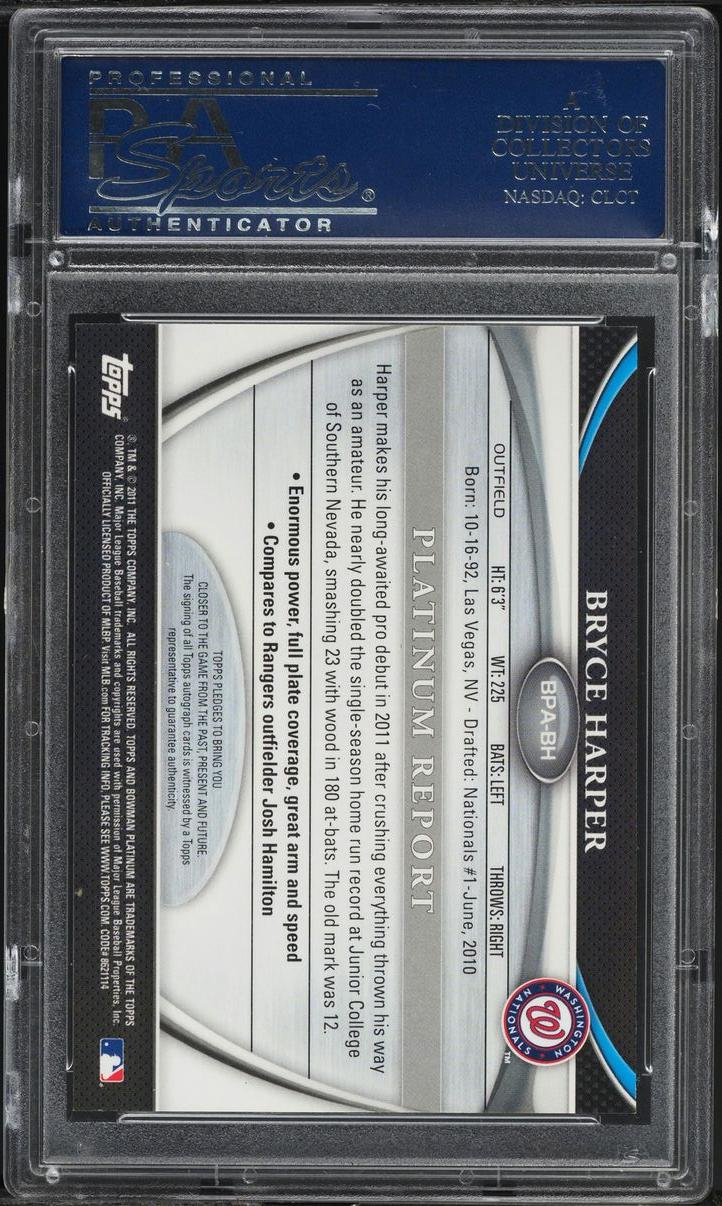 Back of 2011 Bowman Platinum Bryce Harper Prospect Autograph Gold Refractor
