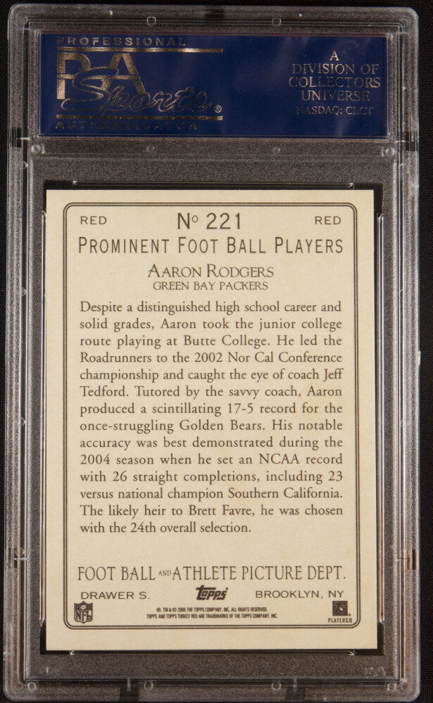 Back of 2005 Topps Turkey Red Red Aaron Rodgers #221