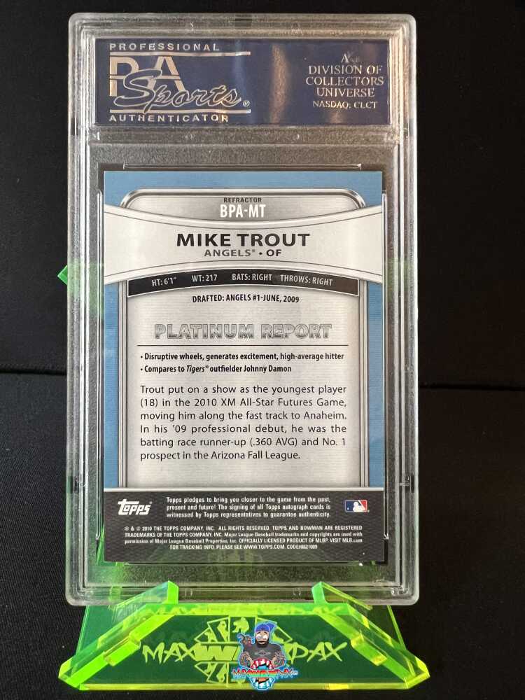 Back of 2010 Bowman Platinum Prospect Autograph Mike Trout #BPA-MT