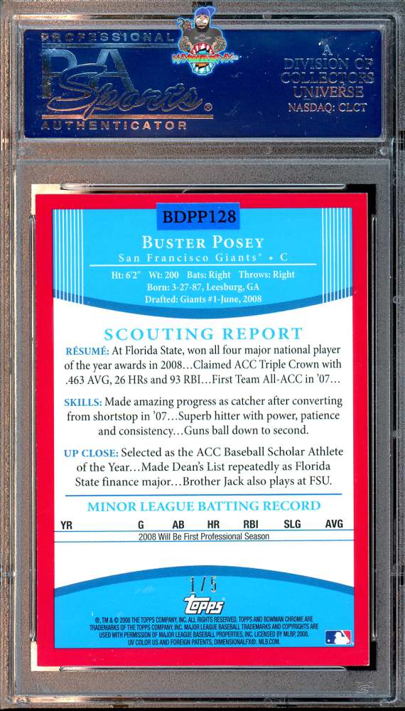 Back of 2008 Bowman Draft Picks and Prospects Chrome Autograph Red Refractor Buster Posey #BDPP128 /5