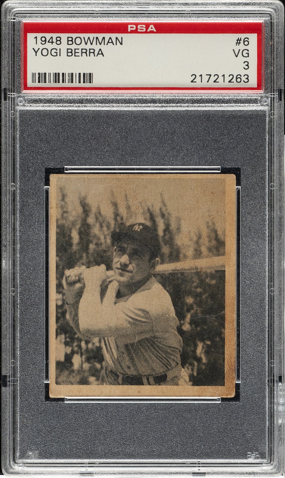 Lot # 1798: 1948 Bowman #6 Yogi Berra Rookie PSA VG 3