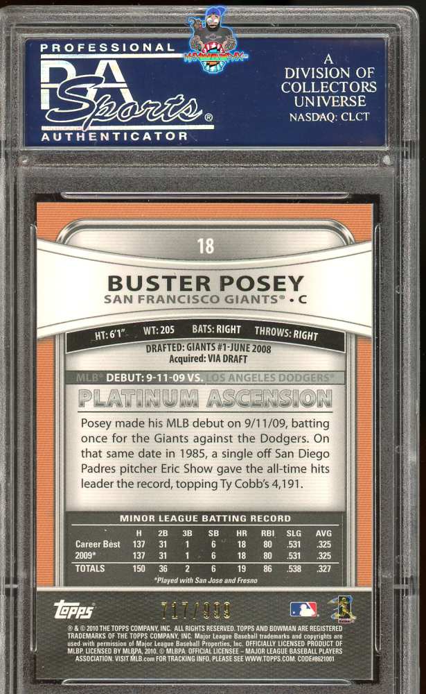 Back of 2010 Bowman Platinum Refractor Buster Posey #18 /999