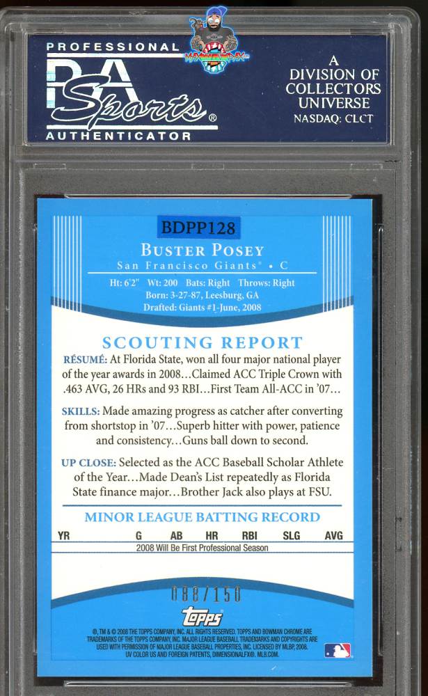 Back of 2008 Bowman Draft Picks and Prospects Chrome Autograph Blue Refractor Buster Posey #BDPP128 /150