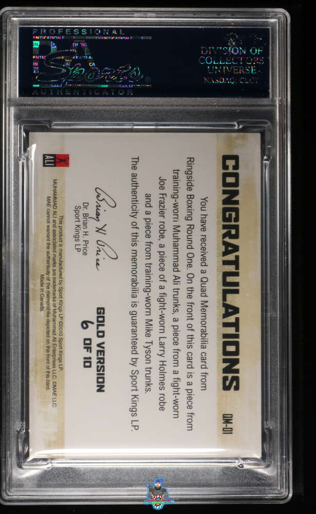 Back of 2010 Ringside Boxing Round One Quad Memorabilia Gold Muhammad Ali/Joe Frazier/Larry Holmes/Mike Tyson #QM1 /10