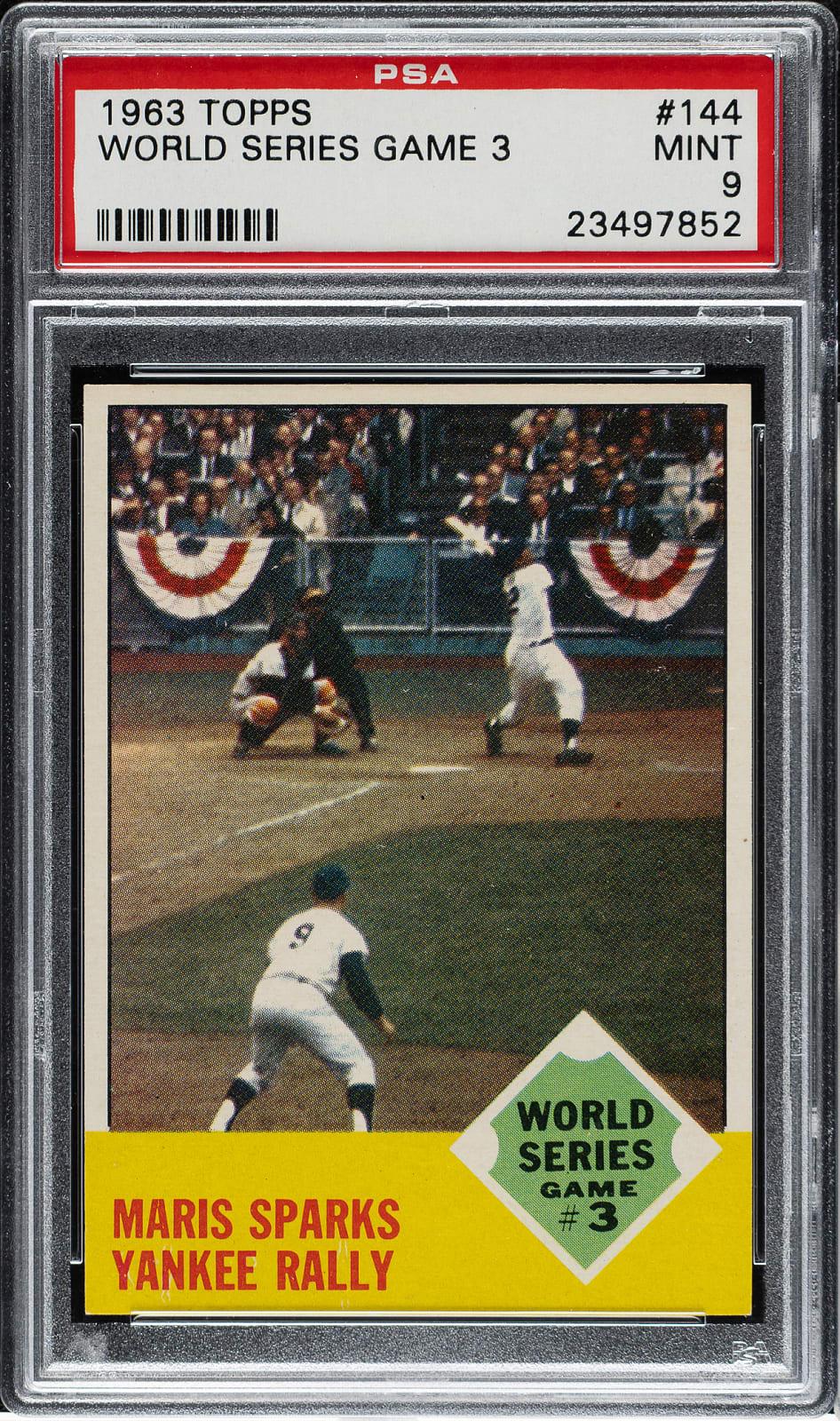 Lot # 2226: 1963 Topps #144 World Series Game #3 Maris Sparks Yankee Rally PSA MINT 9