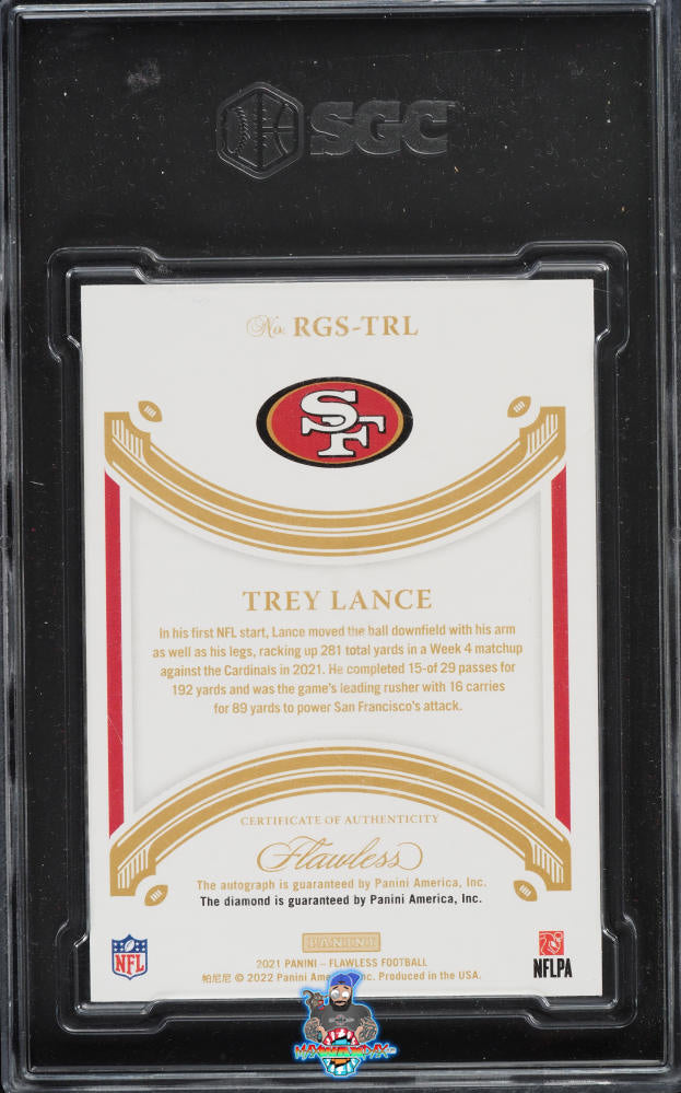 Back of 2021 Panini Flawless Rookie Gem Sigs. Platinum 1/1 Trey Lance #RGS-TRL