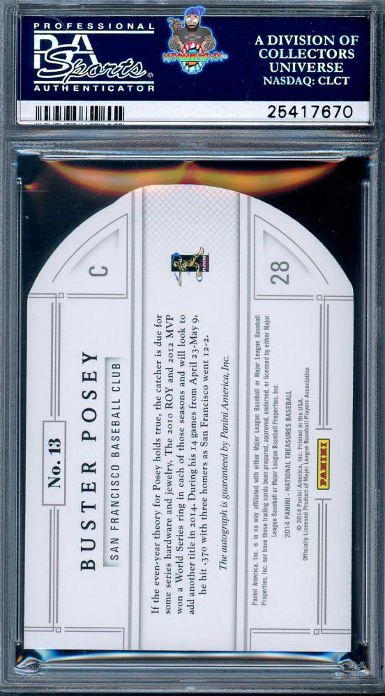 Back of 2014 National Treasures Baseball Signature Die Cut Buster Posey #13 /10