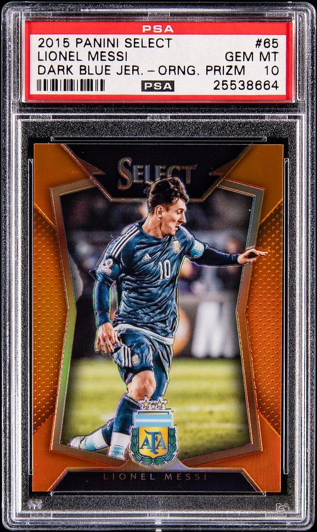 2015-16 Panini Select Orange Prizm #65 Lionel Messi, Dark Blue Jersey (#070/149) - PSA GEM MT 10