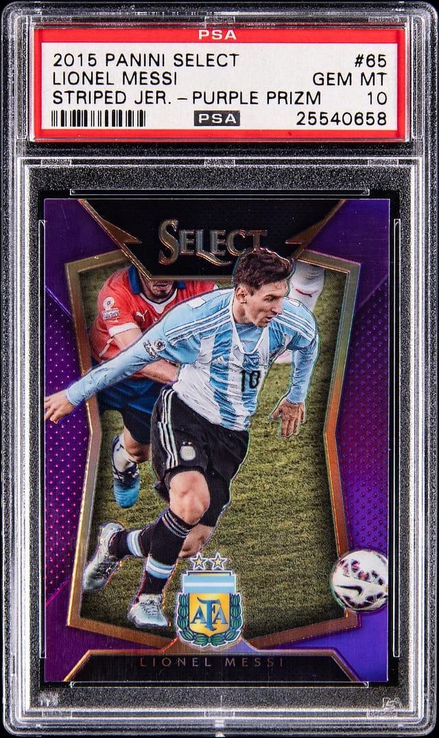 2015-16 Panini Select Purple Prizm #65 Lionel Messi, Striped Jersey (#40/99) - PSA GEM MT 10