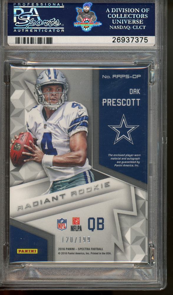 Back of 2016 Panini Spectra Radiant Rookie Patch Signature Dak Prescott #15 /199