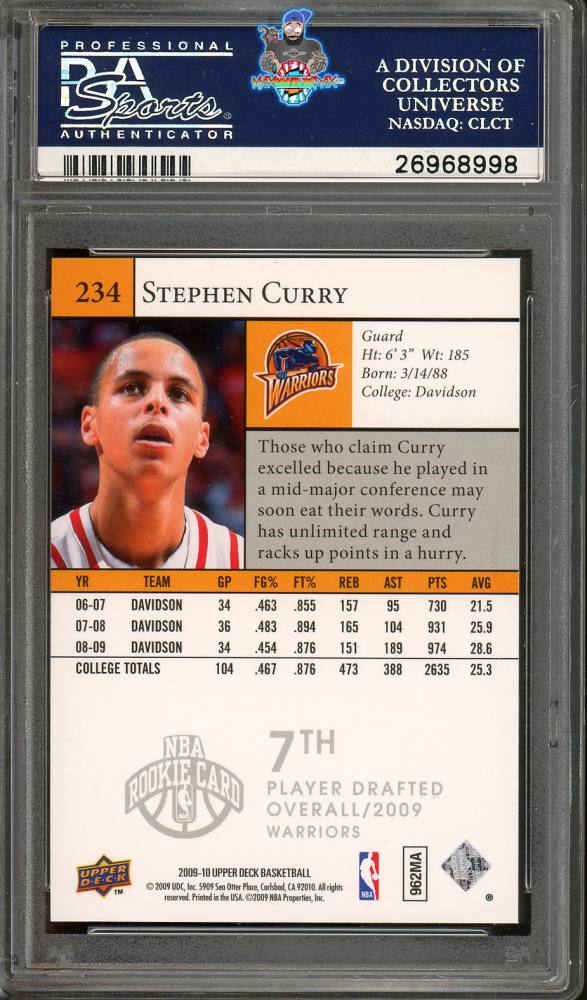 Back of 2009 Upper Deck Star Rookies Stephen Curry #234