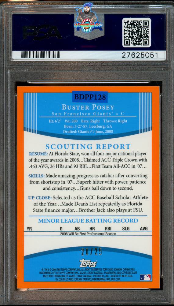 Back of 2008 Bowman Draft Picks and Prospects Autograph Orange Refractor Buster Posey #BDPP128 /25