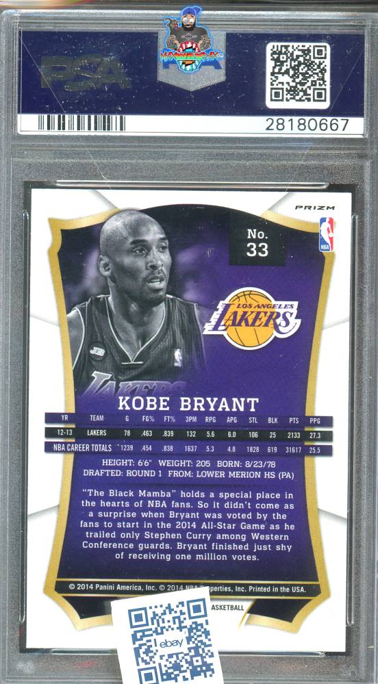 Back of 2013 Panini Select Prizm Kobe Bryant #33