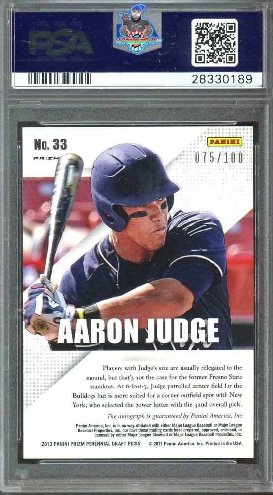 Back of 2013 Panini Prizm Perennial Draft Picks Prospect Signature Red Prizm Aaron Judge #33 /100