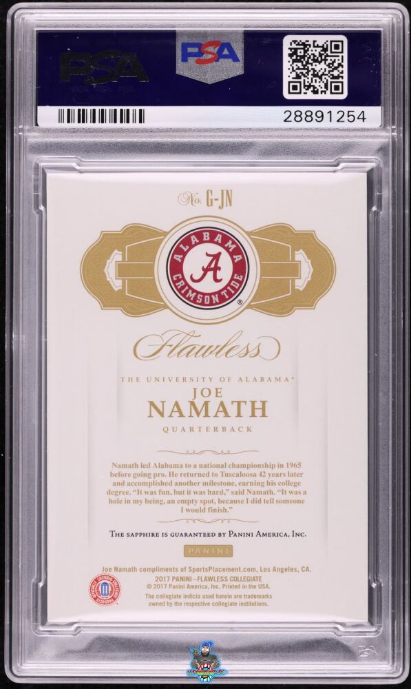 Back of 2017 Panini Flawless Collegiate Sapphire Joe Namath #GJN /10
