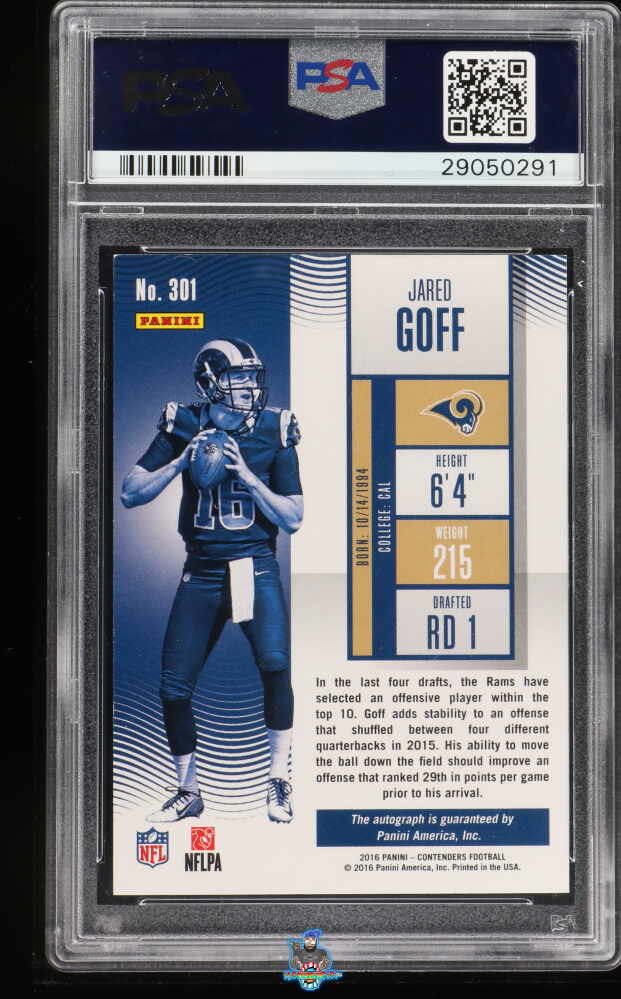 Back of 2016 Panini Contenders Team Logo Autograph Rookie Ticket Cracked Ice Jared Goff #301A /24
