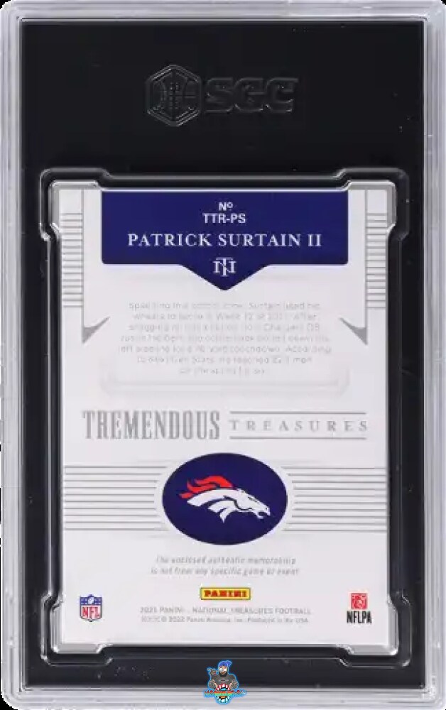Back of 2021 Panini National Treasures Tremendous Treasures Rookie Mat. Laundry Tag 1/1 Patrick Surtain II #TTR-PS