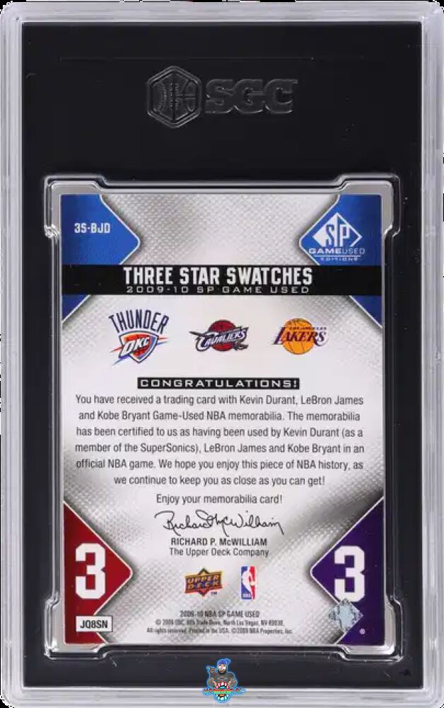Back of 2009 Upper Deck SP Game Used 3 Star Swatches Bryant/James/Durant #3S-BJD