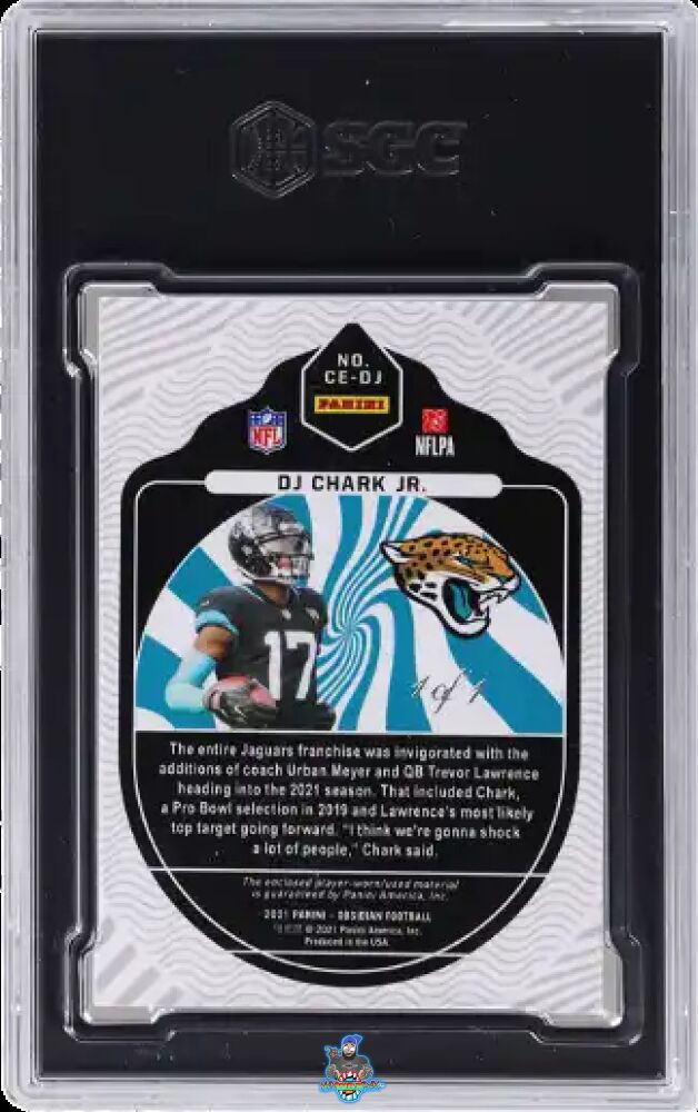 Back of 2021 Panini Obsidian Cutting Edge Mat. Electric Etch Blue Finite 1/1 Dj Chark #CE-DJ