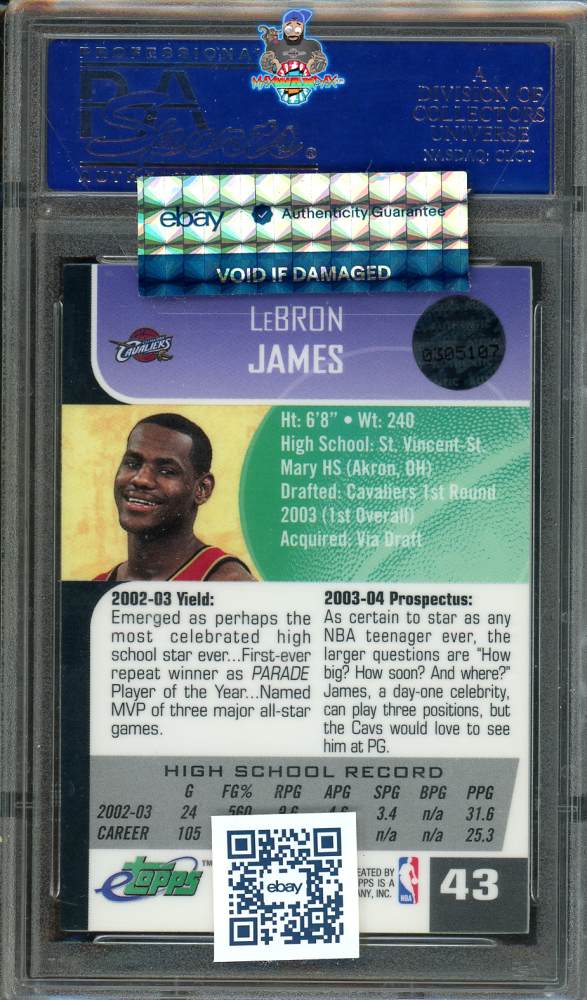 Back of 2003 Etopps LeBron James #43 /10000